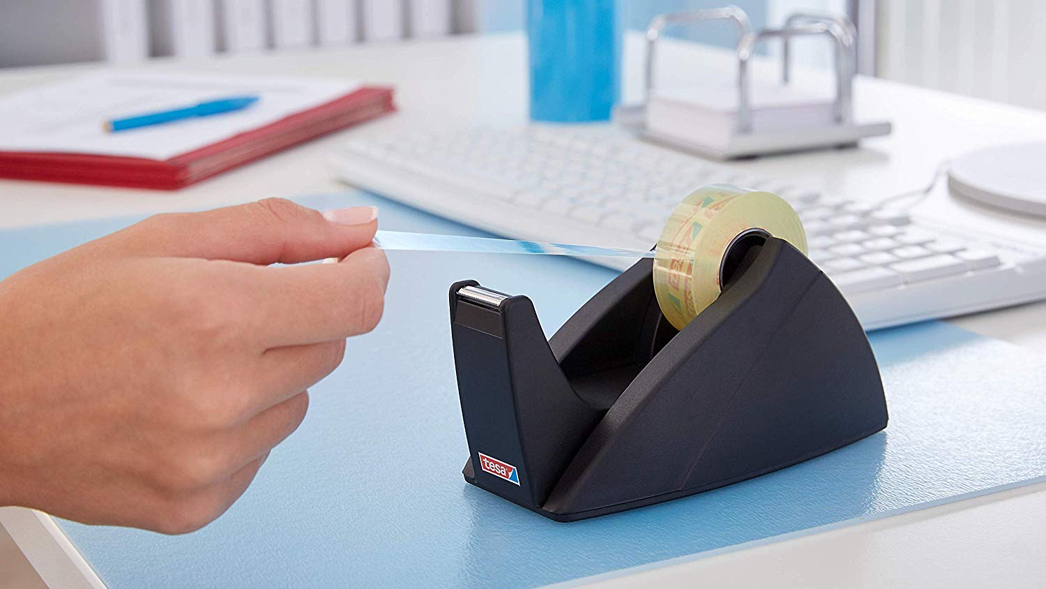 tesa Easy Cut Desk Dispenser Professional - Refillable, Nonslip Tape Dispenser for Adhesive Tape Rolls Up to 33 m x 19 mm - Black - Image 3