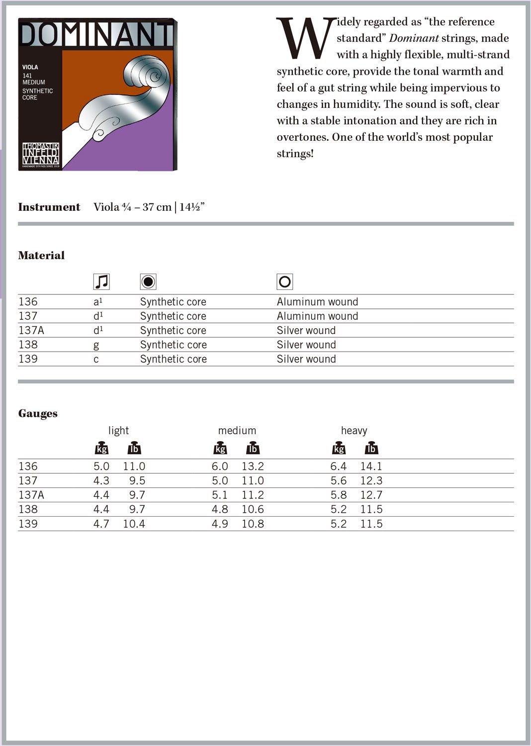 Thomastik-Infeld - Dominant 141-4-string set - Viola - D Alu 4/4 - Medium - Tension 20.7kg/45.6lbs, Metallic - Image 3