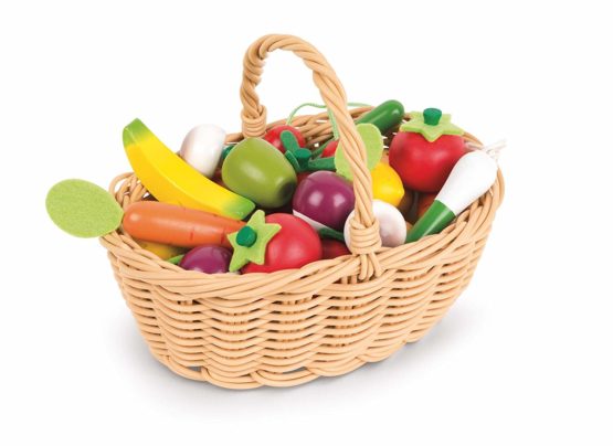 Janod - 24-Piece Fruits and Vegetables Basket - Imitation Shopping Basket - Ideal for Playing Merchandising - From 3 Years Old, J05620