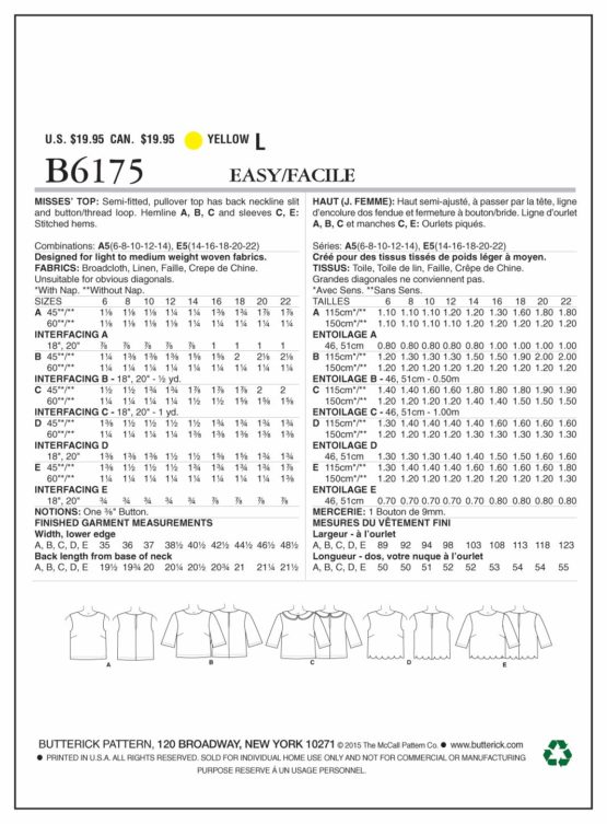 Butterick Patterns 6175 A5,Misses Top,Sizes 6-8-10-12-14 - Image 2