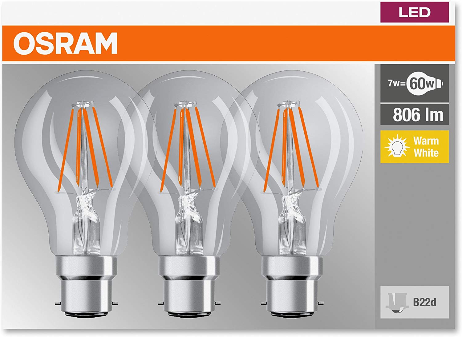 Osram Bulb Shape Base Classic A LED Lamp, Glass, Warm White, B22d, 7 W, Set of 3, 3 Count (Pack of 1) - Image 3