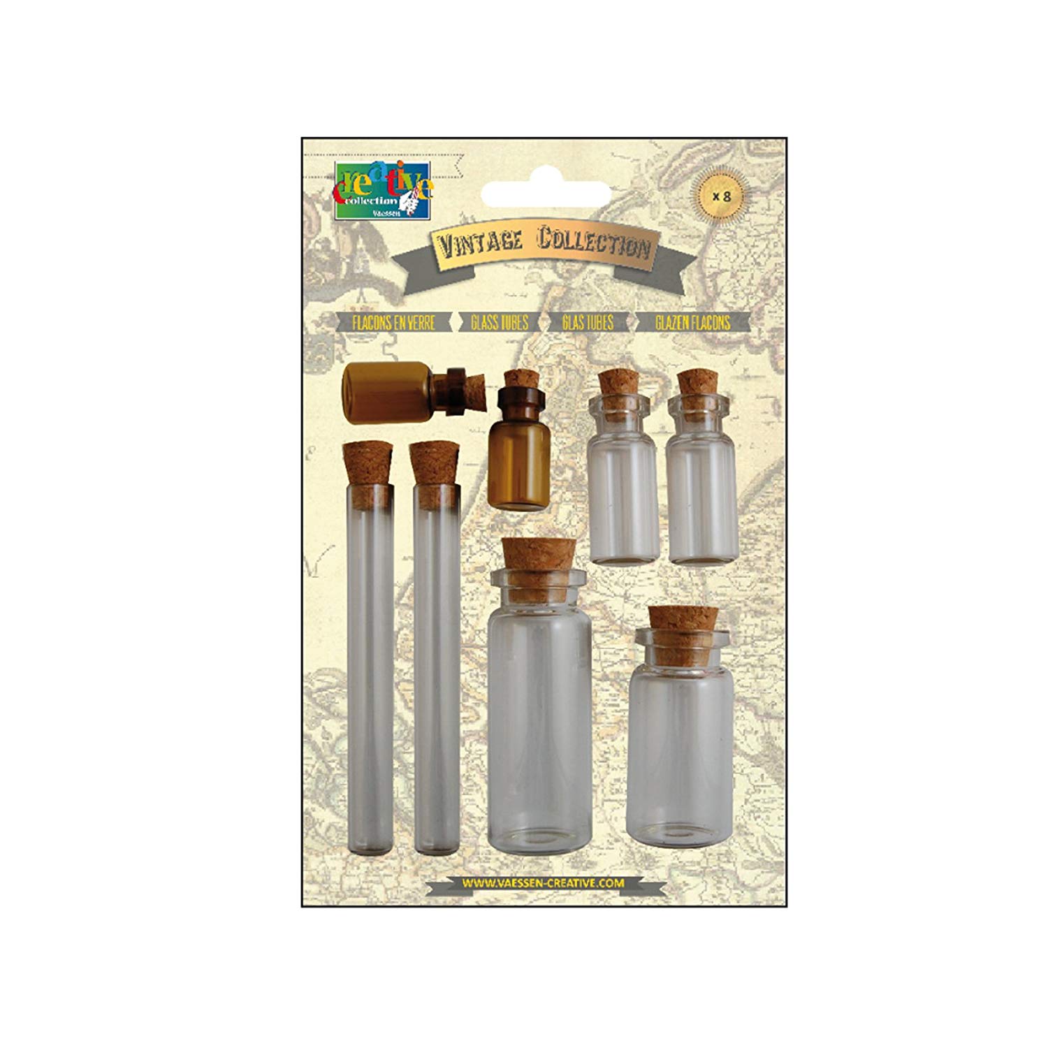 Vaessen Creative Vintage Corked Vials, Metal, Transparent, 8-Piece, 5x2x2 cm