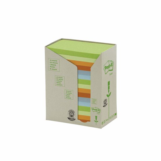 Post-it Recycled Notes - Pastel Rainbow Colours - Light Green, Grass Green, Grey Tower Pack of 16 Pads - 100 Sheets Per Pad - 76 mm x 127 mm