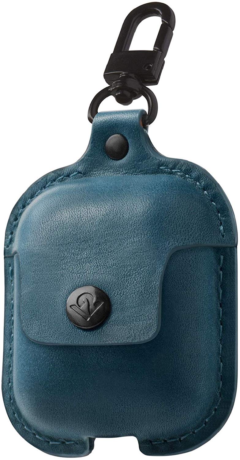 Twelve South AirSnap | Leather Protective Case/Cover with Loss Prevention Clip for AirPods & Wireless Charging Case for AirPods, Deep Teal
