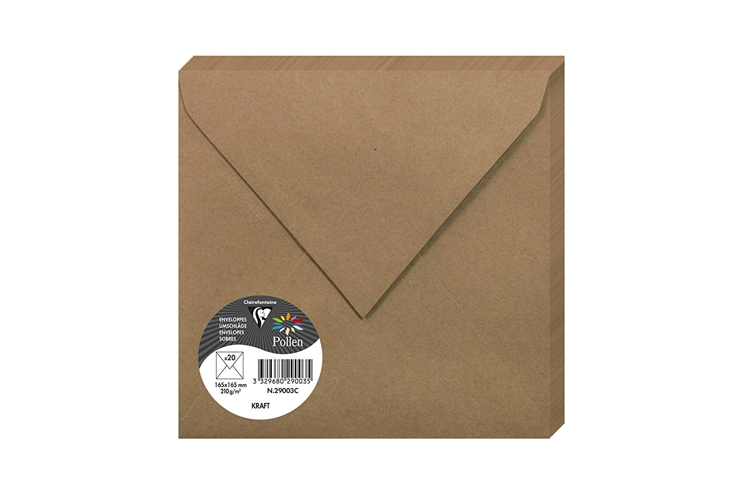 Clairefontaine 29003C Kraft Paper Pack of 20 Gummed Envelopes Square(16.5x16.5cm) 120gsm Kraft Colour Invitation Events Correspondence Pollen Range Premium