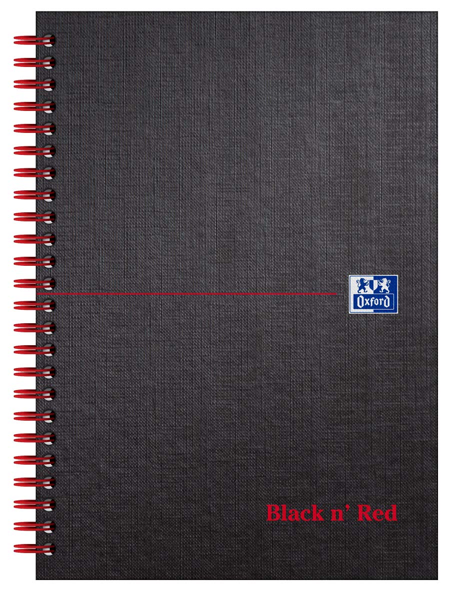 Oxford Black n' Red Ruled Matt Black Wirebound Hardback A5 Notebook, 140 Perforated Pages