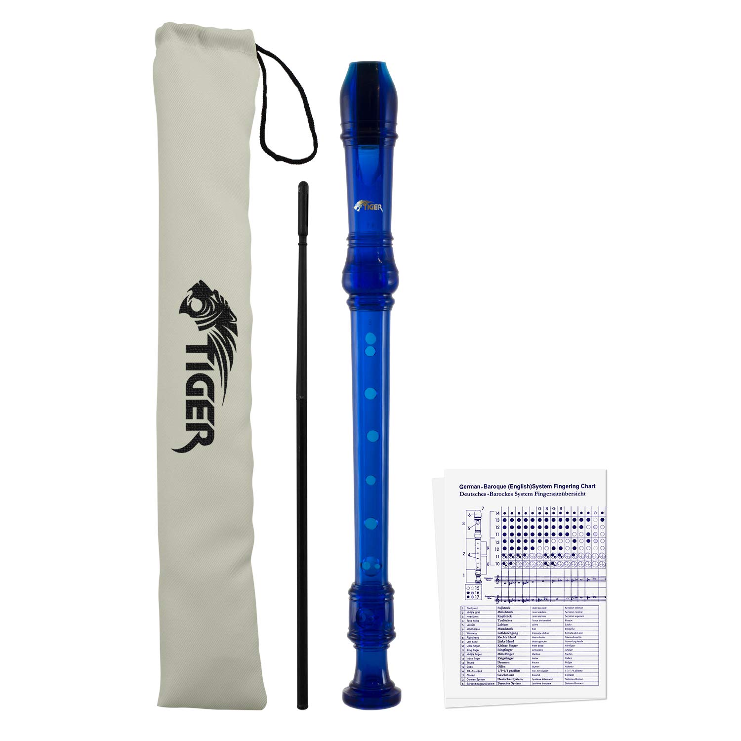 TIGER REC7-BL Descant/Soprano School Recorder with Bag, Cleaning Rod and Fingering Chart, English/Baroque Fingering - Blue