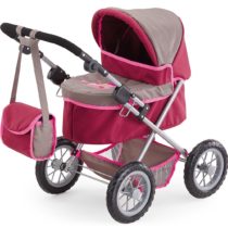 Bayer Design 13078AA Dolls Pram Trendy, Foldable, Height-Adjustable Handle, with Shoulder Bag, Pink and Brown