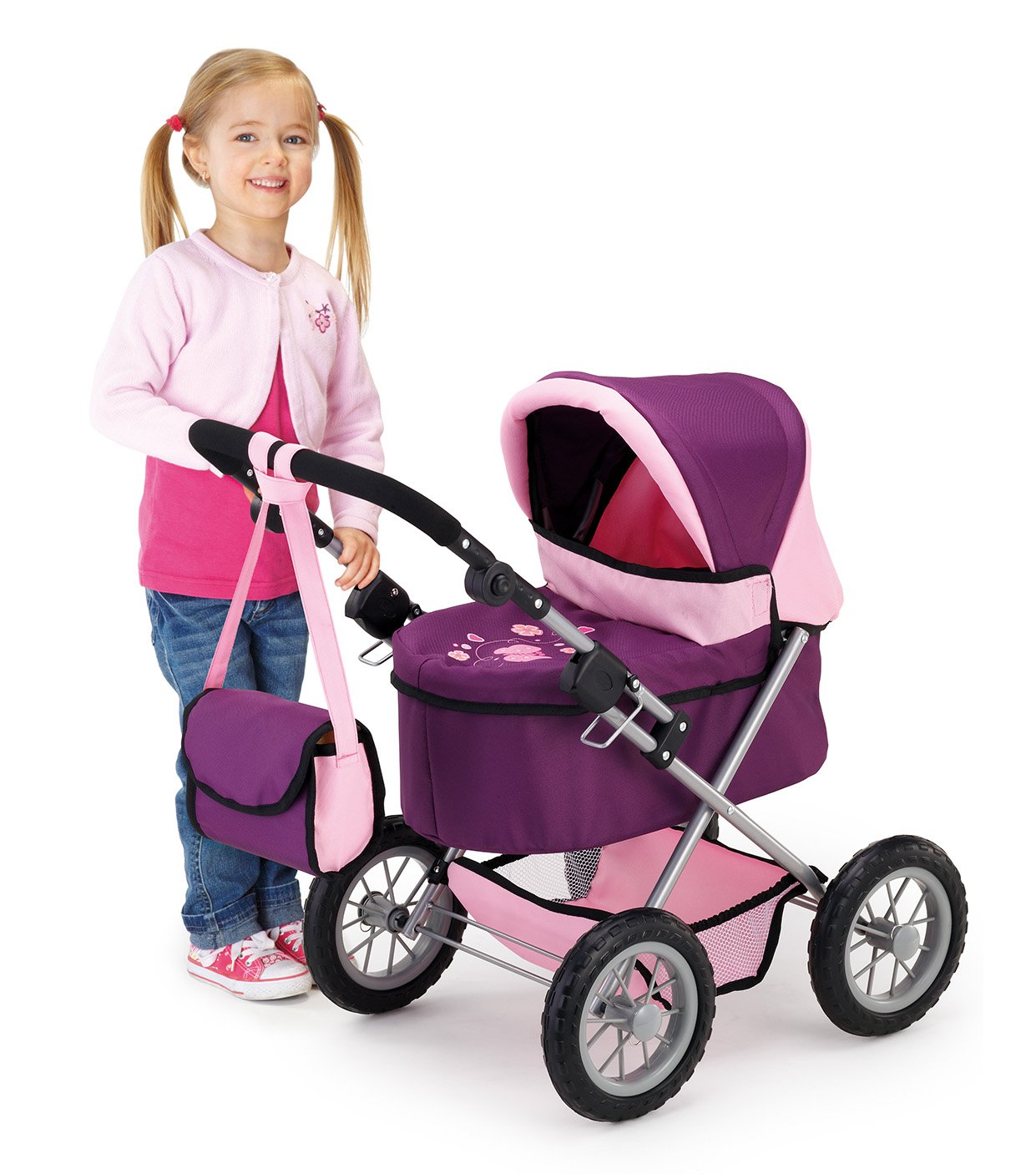 Bayer Design 13057AB Dolls Pram Trendy Set, stroller, adjustable handle, foldable, bag and bed, Pflaume, Small - Image 4