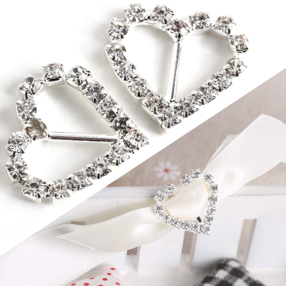 AKORD 20x Diamante Diamond Crystal Rhinestone Ribbon Buckles Sliders for Wedding Embellishment Party Invitations & Cards Making-Heart - Image 3