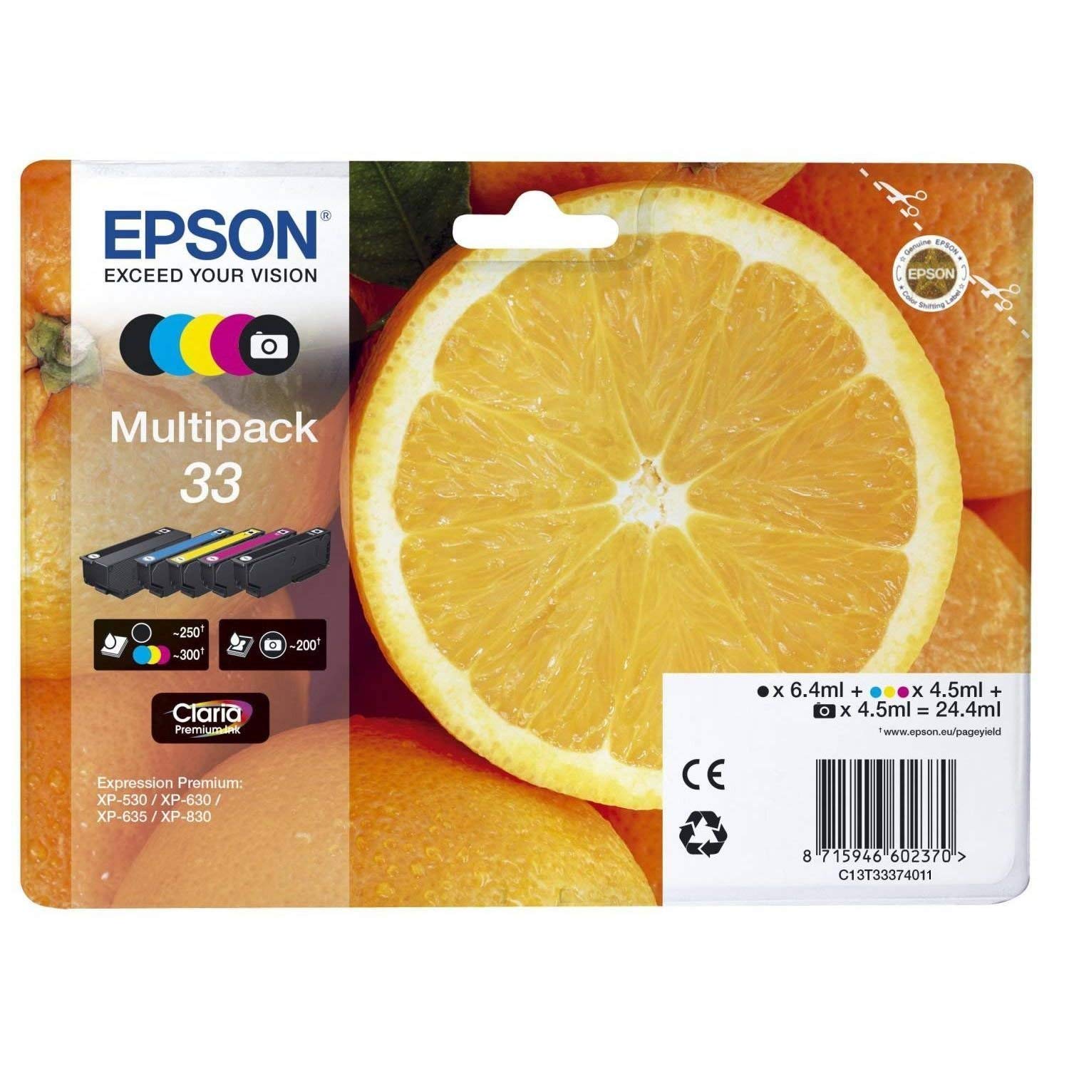 Epson Multipack 33 Non-Tagged Inkjet Cartridges CMYKPhK (Pack of 5), Cyan, 24.4 ml