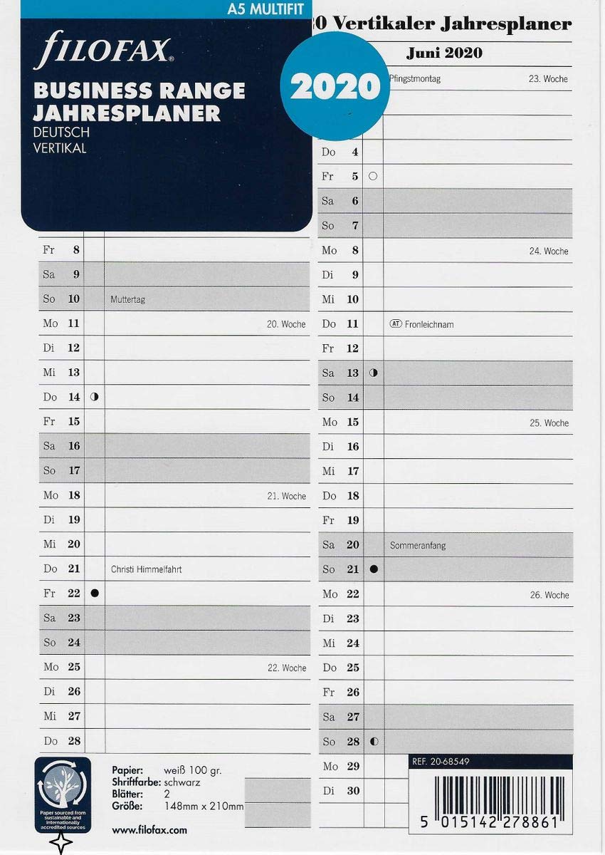Filofax 000020-68549 Calendar, A5