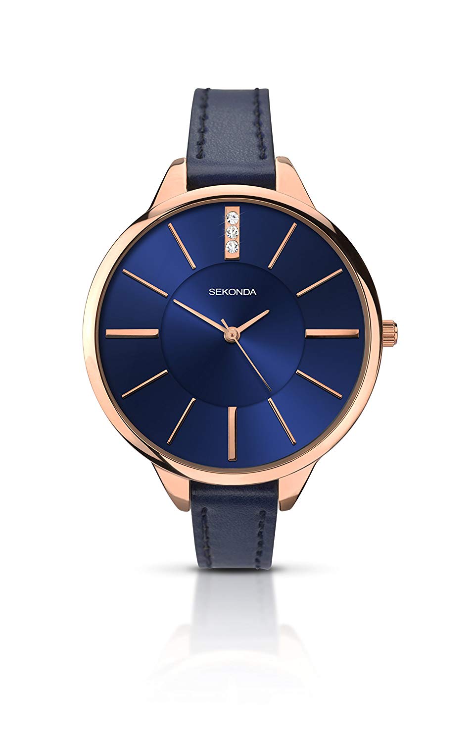 Sekonda Ada Womens Watch, Quartz 39mm Ladies Watch with Stone Set Sunray Dial, Rose Gold-Tone Case and Blue Leather Strap