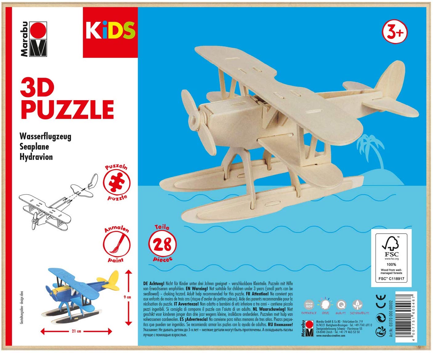 Marabu KiDS 3D 31700000002 Wooden Puzzle Seaplane with 28 Puzzle Pieces Made from FSC-Certified Wood, Approx. 21 x 9 cm