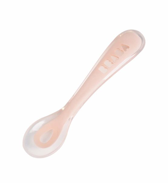 BÉABA - Silicone Spoon for Baby and Children - Stage 2 - Soft - Rounded tip - Ergonomic Handle - Pink