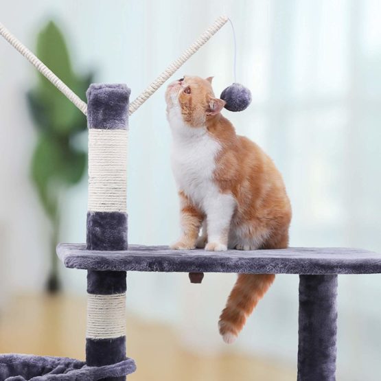 FEANDREA 134 cm Cat Tree Scratcher with big platform cat houses horsetail decorative balls Grey M PCT35G - Image 4