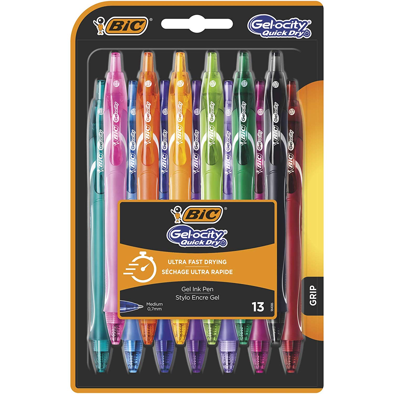 BIC Gel-ocity Quick Dry, Ultra Fast Drying Gel Ink Pens with Full Grip Barrel, Assorted Colours, Pack of 13