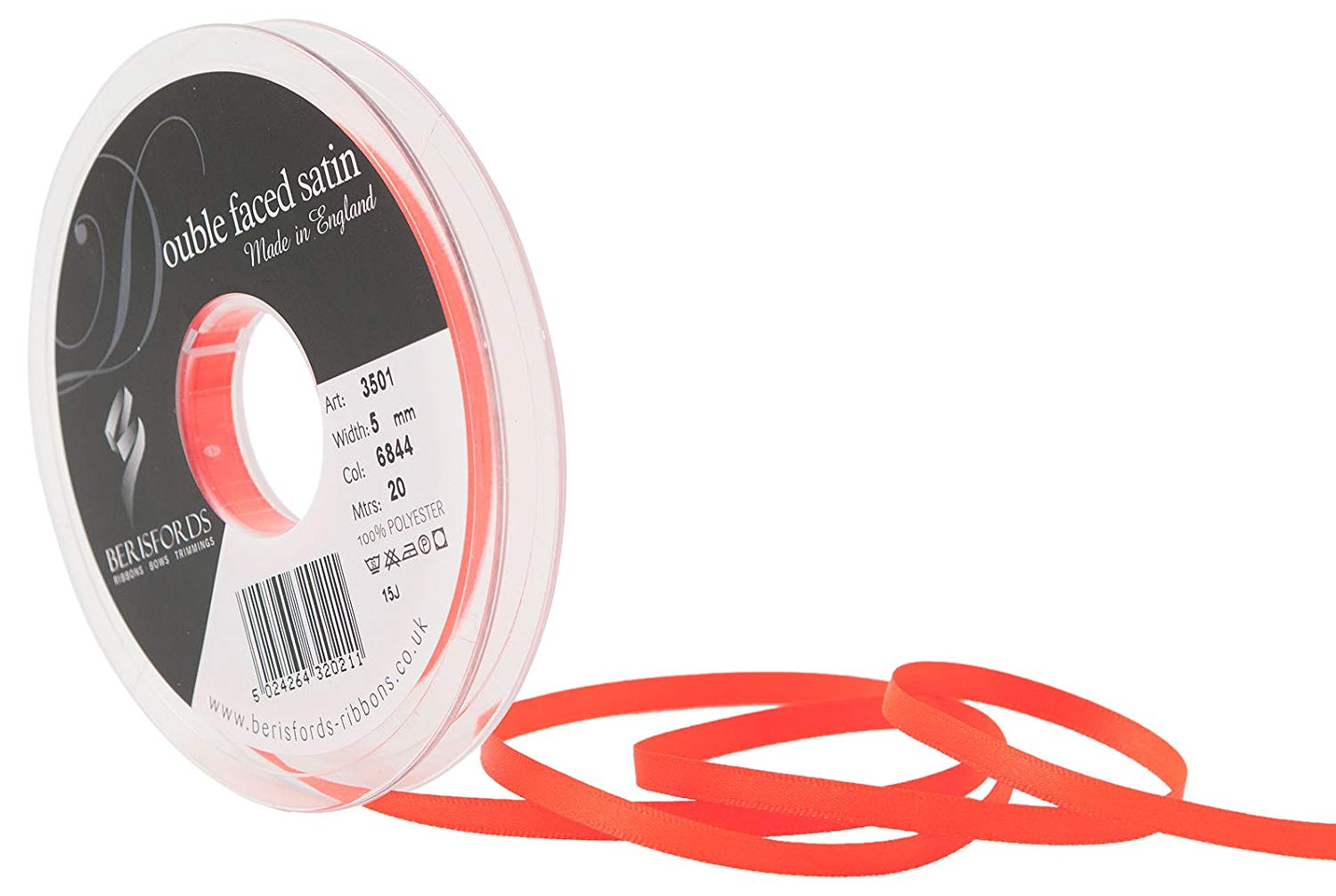 Berisfords Double FACE Poly Satin Ribbon, Flo Orange, 5 mm