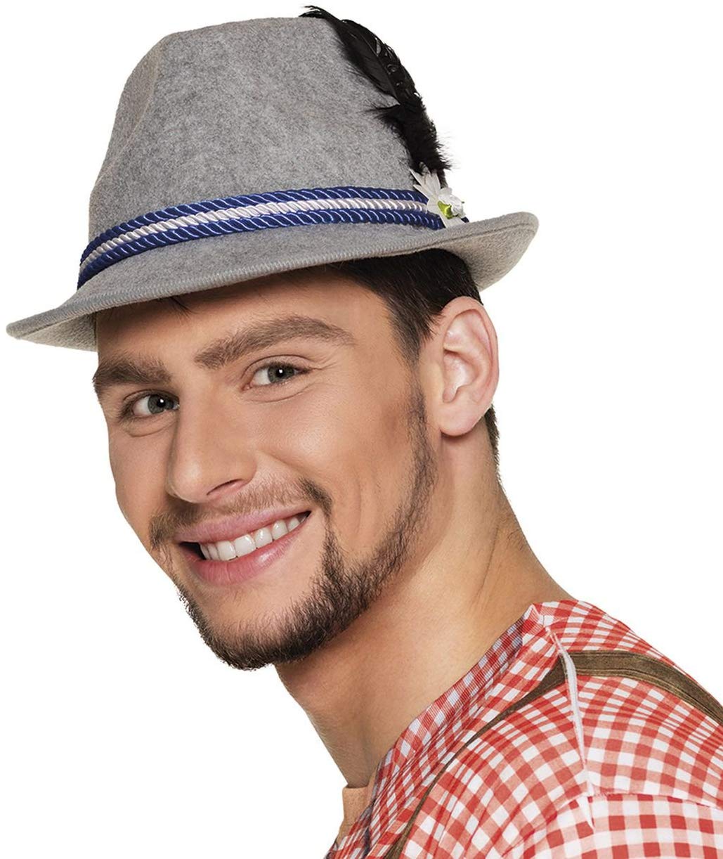 Boland Oktoberfest Hat, Grey Tyrolean Style Bavarian Hat with Blue and White Cord, Edelweiss Flower and Feather - Image 2