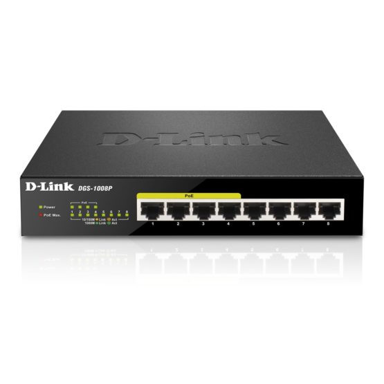 D-Link DGS-1008P/E 8-Port Gigabit Unmanaged Metal Switch with 80W across 4PoE ports, Black