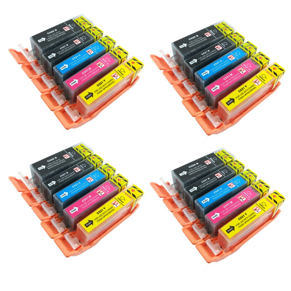 PerfectPrint 20 Canon Compatible Ink Cartridges for CANON PIXMA iP3600 iP4600 iP4700 MP540 MP550 MP560 MP620 MP630 MP640 MP980 MP990 MX860 MX870 Printer. PGI 520BK, CLI 521Y, CLI 521M, CLI 521C and CLI 521BK
