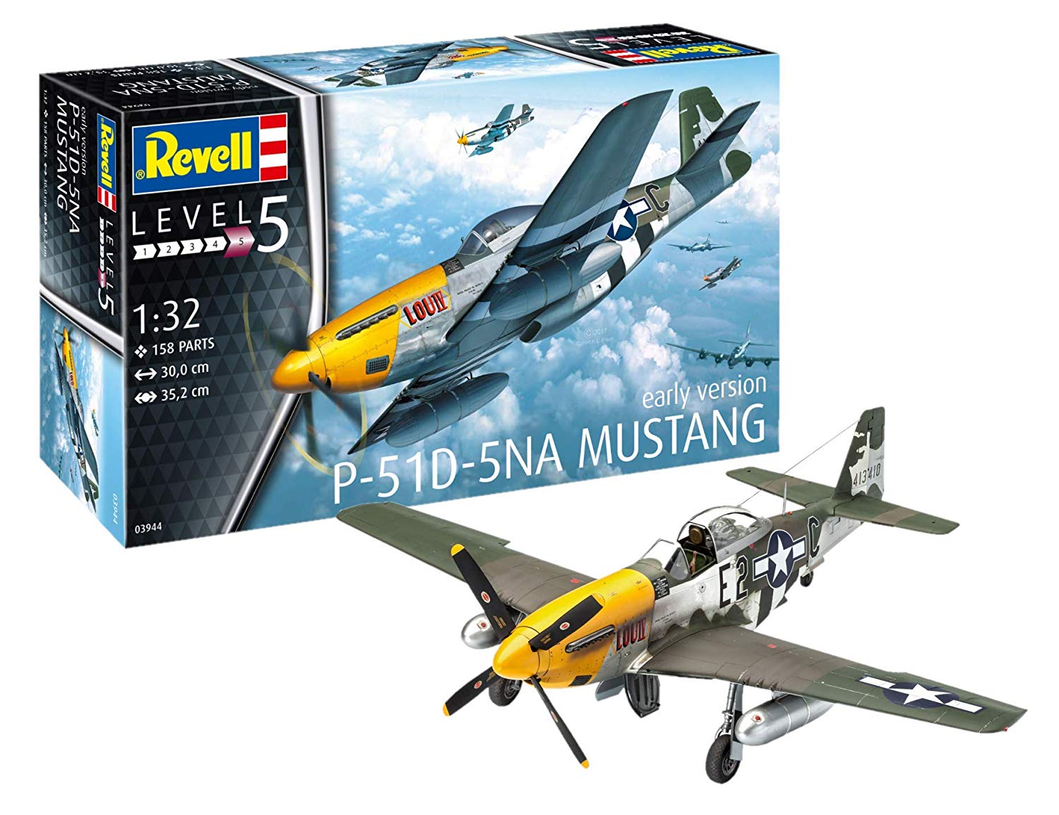 Revell 03944 P-51D-5NA Mustang (early version) 1:32 Scale Unbuilt/Unpainted Plastic Model Kit, Green, Brown, Grey, Miniature