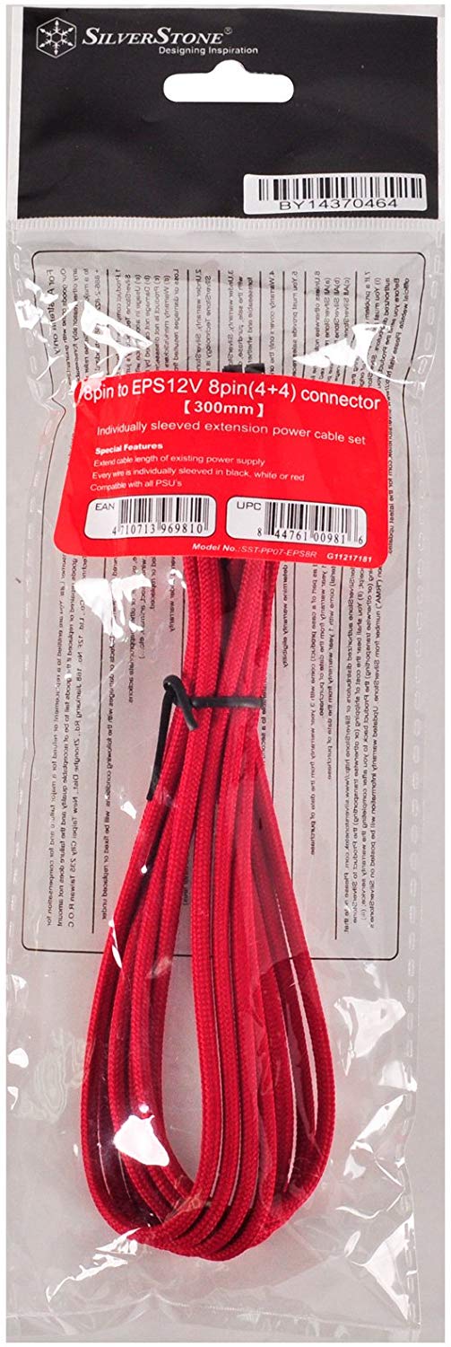 SilverStone SST-PP07-EPS8R - 30cm EPS 8pin to EPS/ATX 4+4pin Sleeved Extention Cable, red, 30 cm - Image 3