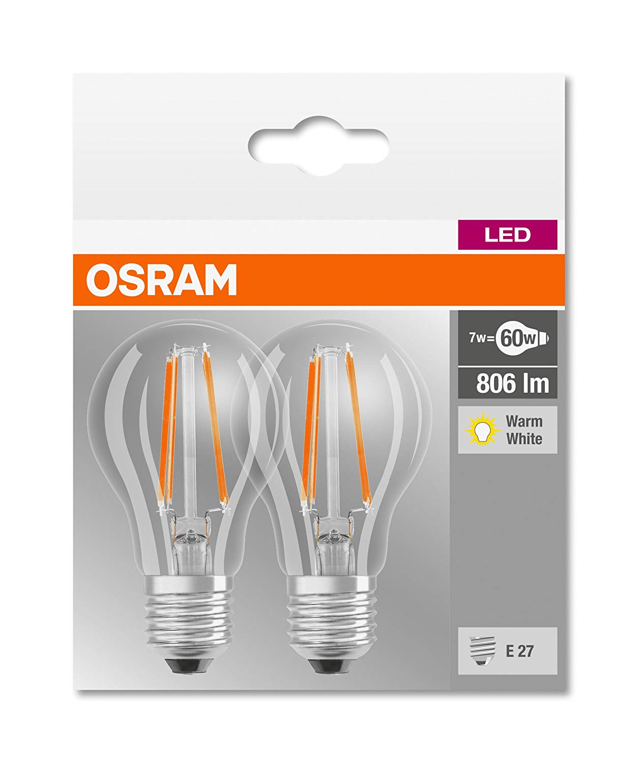 Osram LED Base Classic A, in Piston Shape with E27 Socket, Non-dimmable, 7W, Replaces 60 watts, flam Color Clear, Warm White - Image 3
