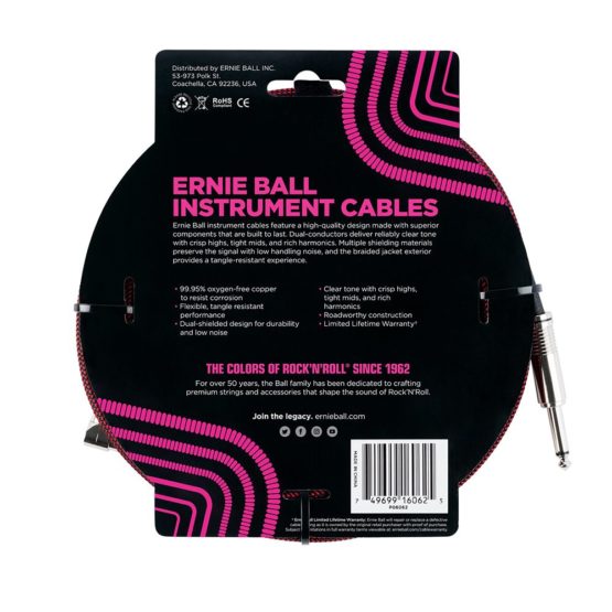 Ernie Ball 25 ft Braided Straight / Angle Instrument Cable - Black / Red - Image 2