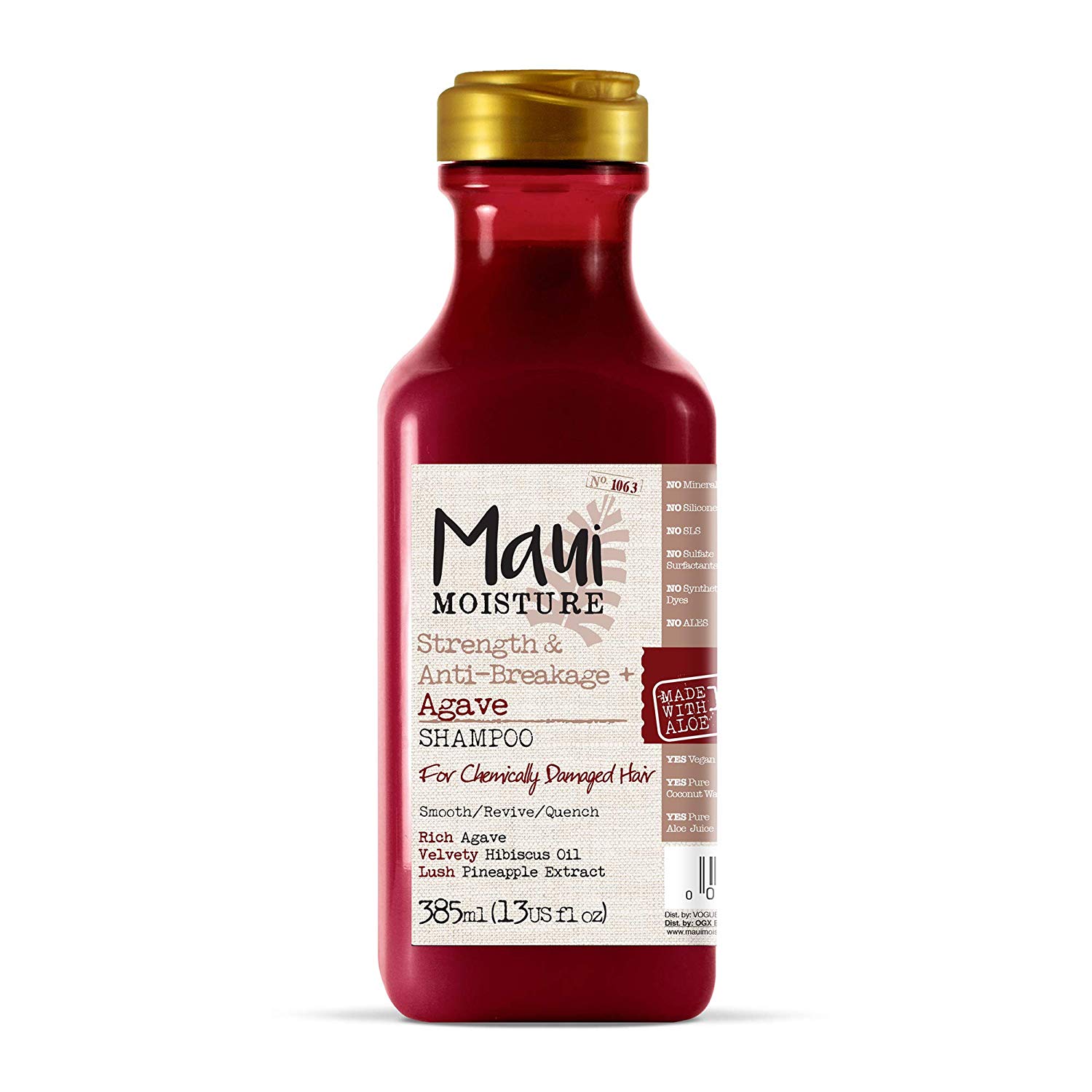 Maui Moisture Vegan Agave Aloe Vera Shampoo for Damaged Hair and for Chemically Treated Hair 385 ml, Shampoo 385 ml, 385 ml (Pack of 1)