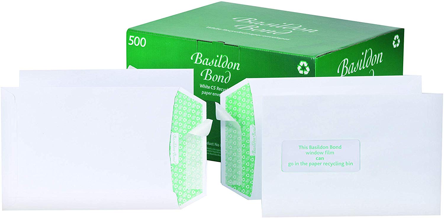 Basildon Bond C5 Recycled White 120gsm Window Peel & Seal Pocket, Box 500 Envelopes,J80119