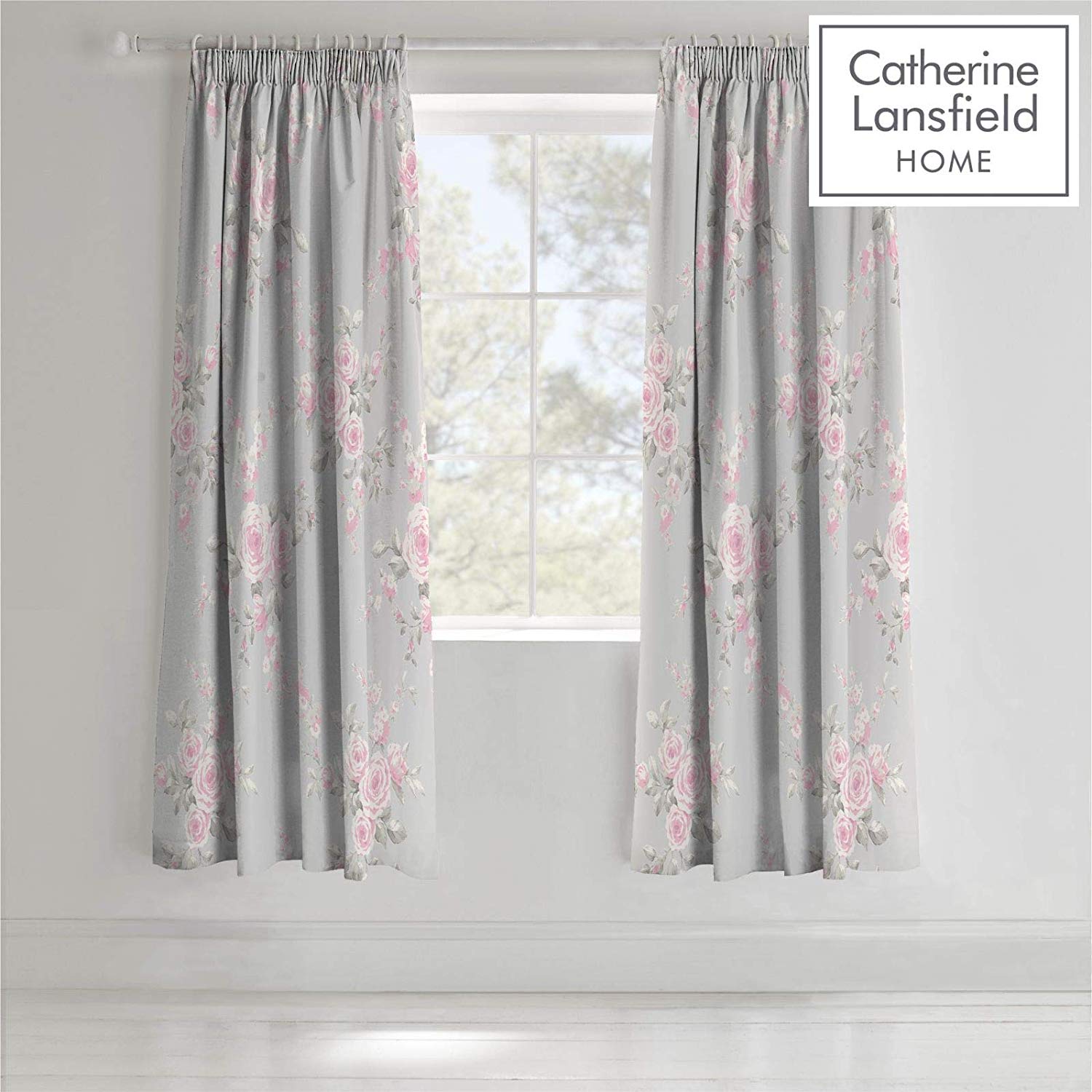 Catherine Lansfield Canterbury Floral 66x72 Inch Lined Eyelet Curtains Two Panels Grey, W 66" x L 72" (2 Panels)