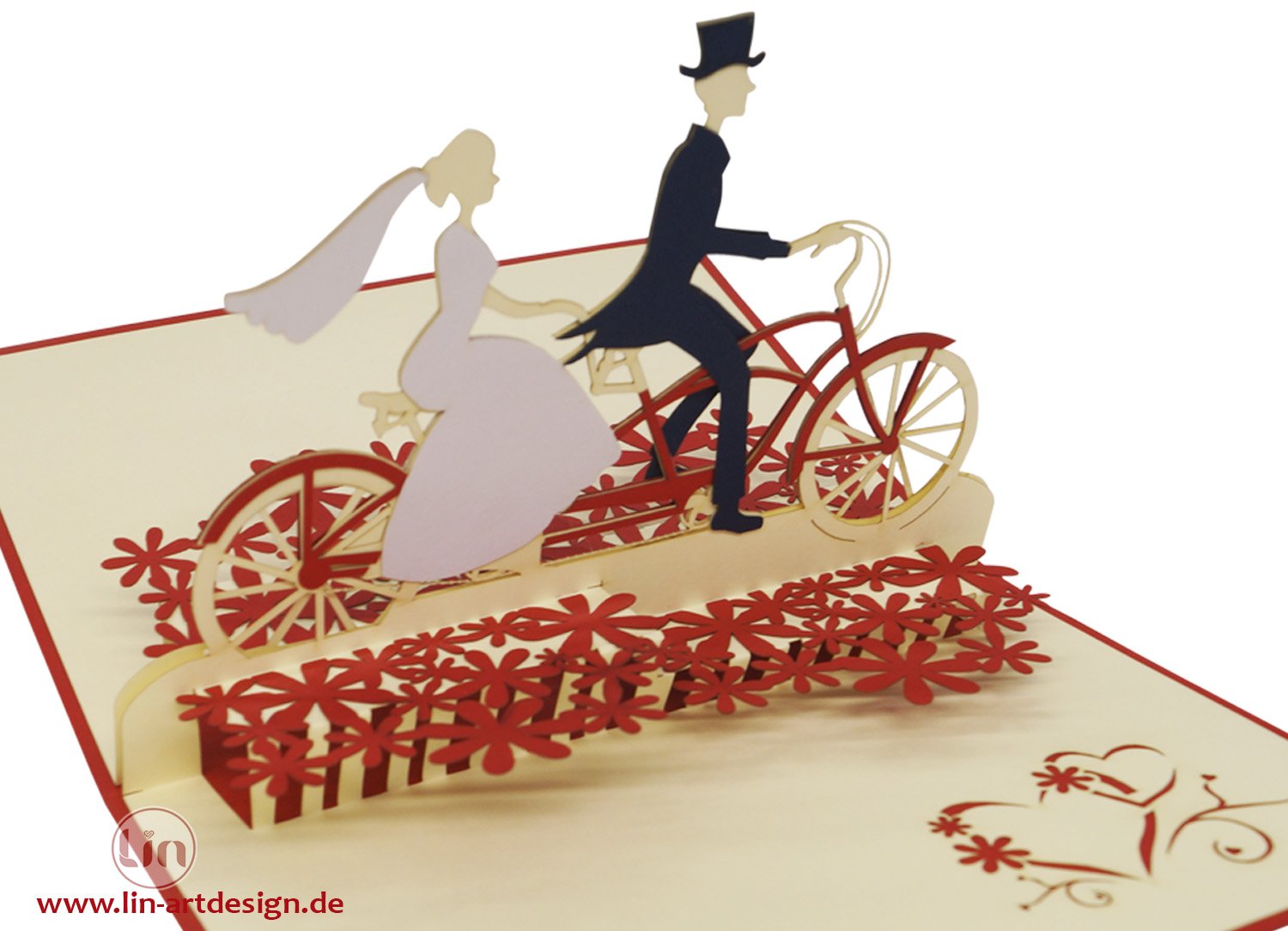 LIN - Pop Up 3D Greeting Card for a wedding Bridal Couple on tandem, handmade, (#88), red, 4.5 x 6.7 inch - Image 3