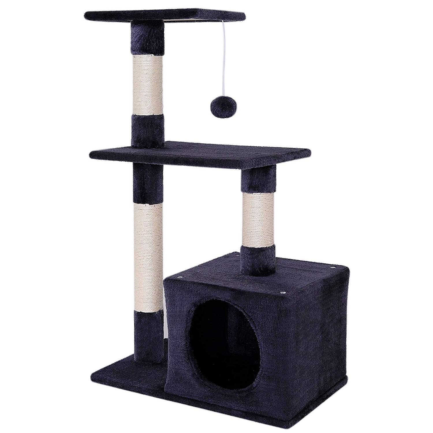 lionto Scratching tree for cats with cave and plush ball incl. bell, height 85 cm, cat tree with sisal & plush