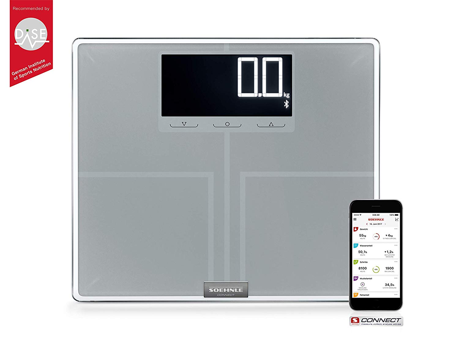 Soehnle Connect Body Analysis Scale Shape Sense 200 With Bluetooth - Premium BIA Bathroom Scale, XXL Size and Display, Connects to App