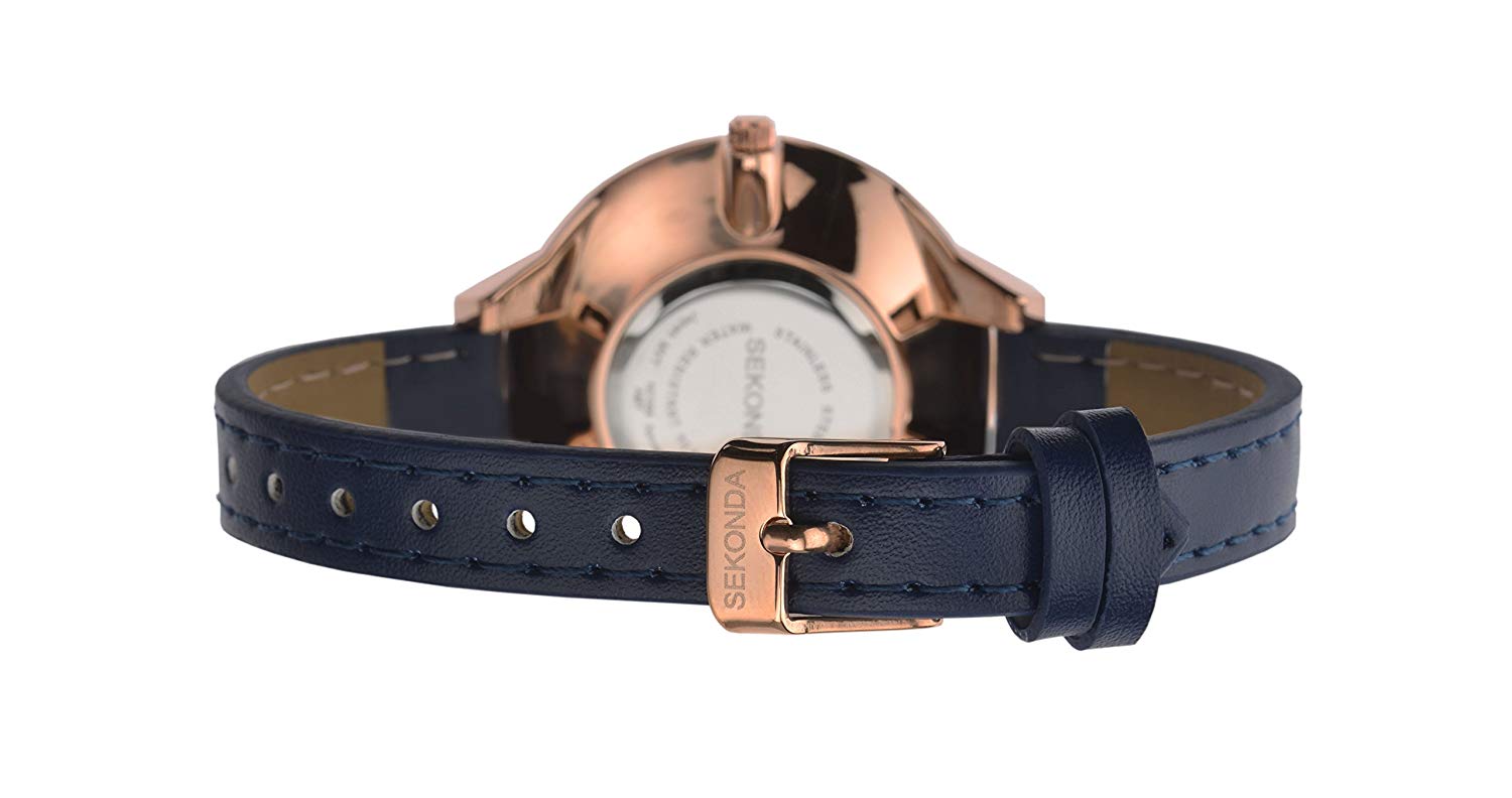 Sekonda Ada Womens Watch, Quartz 39mm Ladies Watch with Stone Set Sunray Dial, Rose Gold-Tone Case and Blue Leather Strap - Image 4