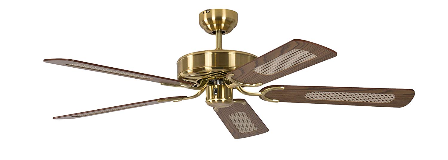 Potkuri 52 inch / 132 cm Reversible Ceiling Fan without Lights in Satin Brass with Oak Blades and Pull Cord - Image 2
