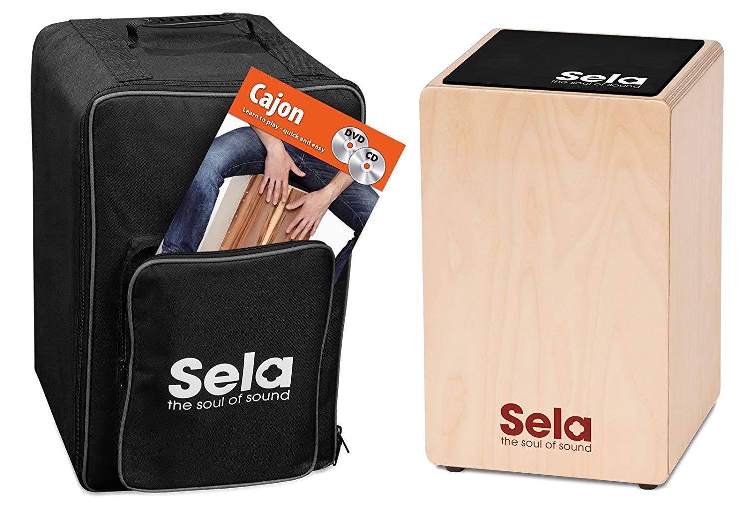 Sela SE 152 EN Primera Cajon beginner bundle with backpack, cajon pad, English Cajon book, CD and DVD, Natural Finish