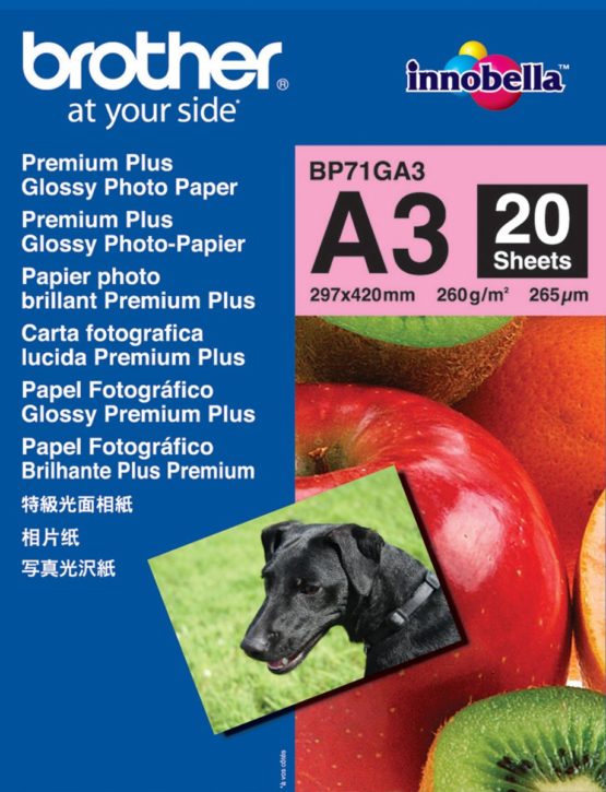 Brother BP71GA3 Photo Paper, A3, Premium Plus Glossy, 297 mm (W) x 420 mm (L), 20 Sheets, Brother Genuine Supplies
