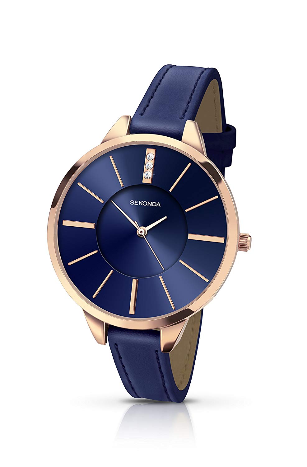 Sekonda Ada Womens Watch, Quartz 39mm Ladies Watch with Stone Set Sunray Dial, Rose Gold-Tone Case and Blue Leather Strap - Image 2