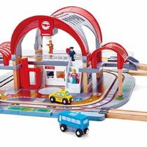Hape Grand City Station | Wooden Pretend Play Railway Set with Projector and Recorder | For Kids