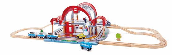 Hape Grand City Station | Wooden Pretend Play Railway Set with Projector and Recorder | For Kids