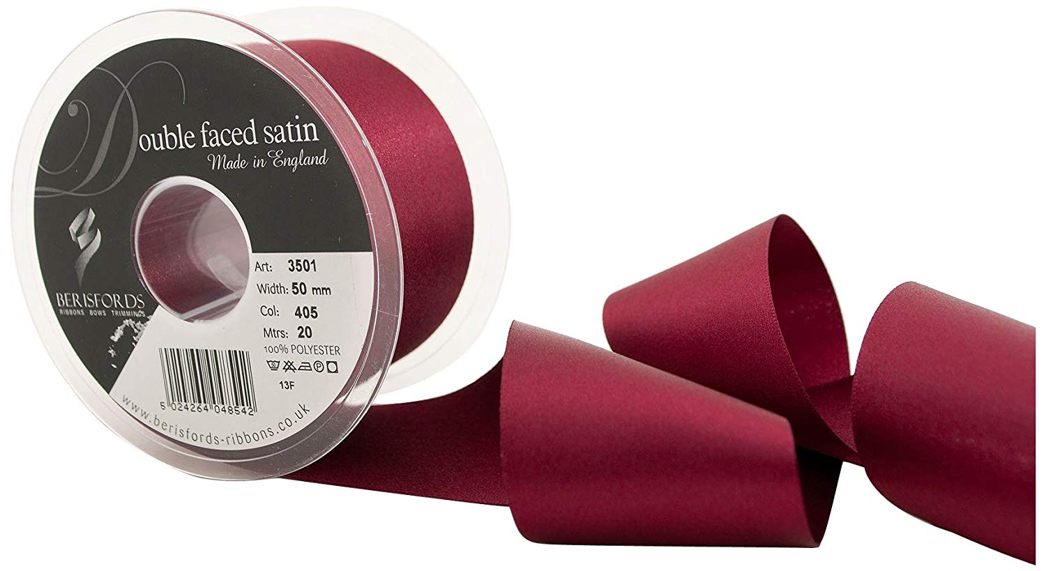 Berisfords Double Satin Ribbon, Burgundy, 20 m, 50 mm