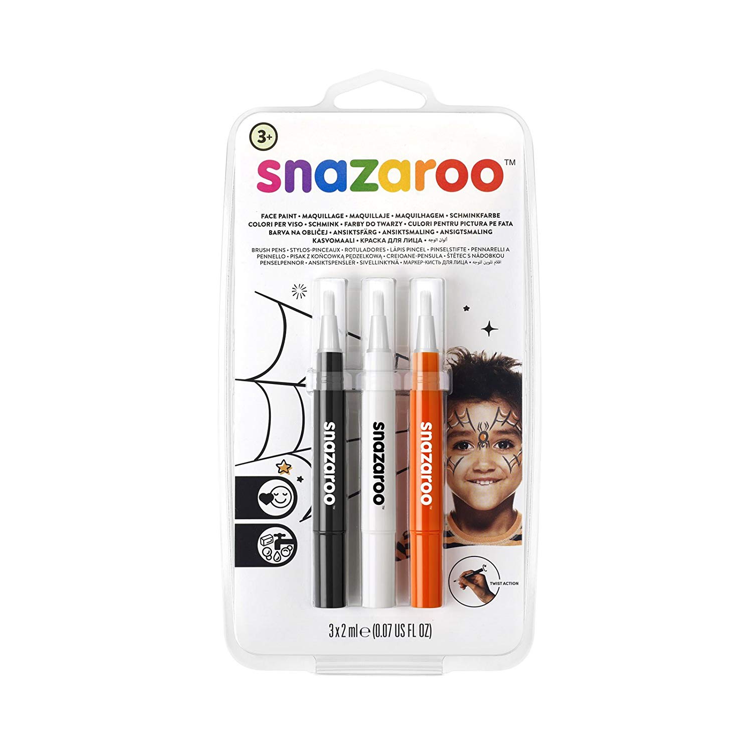 Snazaroo Brush Pens, Halloween Pack of 3, Safe and Non-Toxic, Precision Brush Nib, for Ages 3+, Multicolor