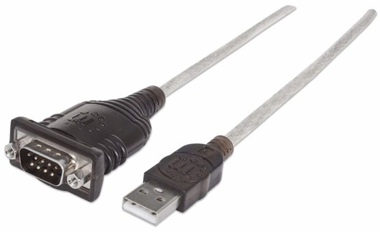 Manhattan USB-A to Serial Converter cable, 45cm, Male to Male, Serial/RS232/COM/DB9, Prolific PL-2303HXD Chip, Black/Silver cable, Polybag