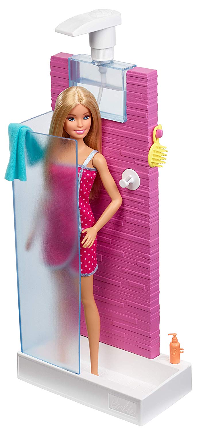 Barbie Doll and Furniture Set, Bathroom with Working Shower, Pink, Dollhouse miniature - Image 4