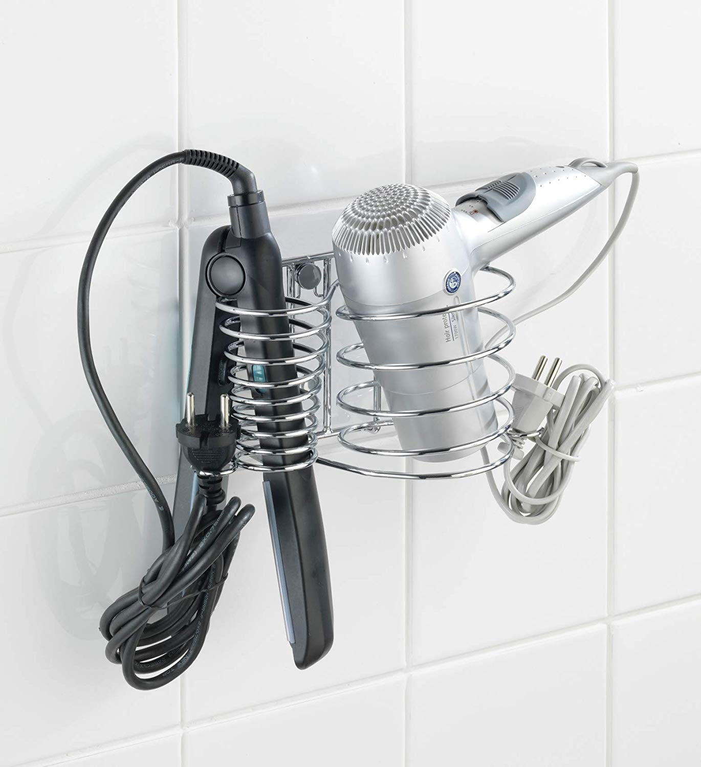 WENKO 20648100 Hair dryer holder and hair straightener holder Milano with cable holder, for wall mounting Metal Steel - Image 3