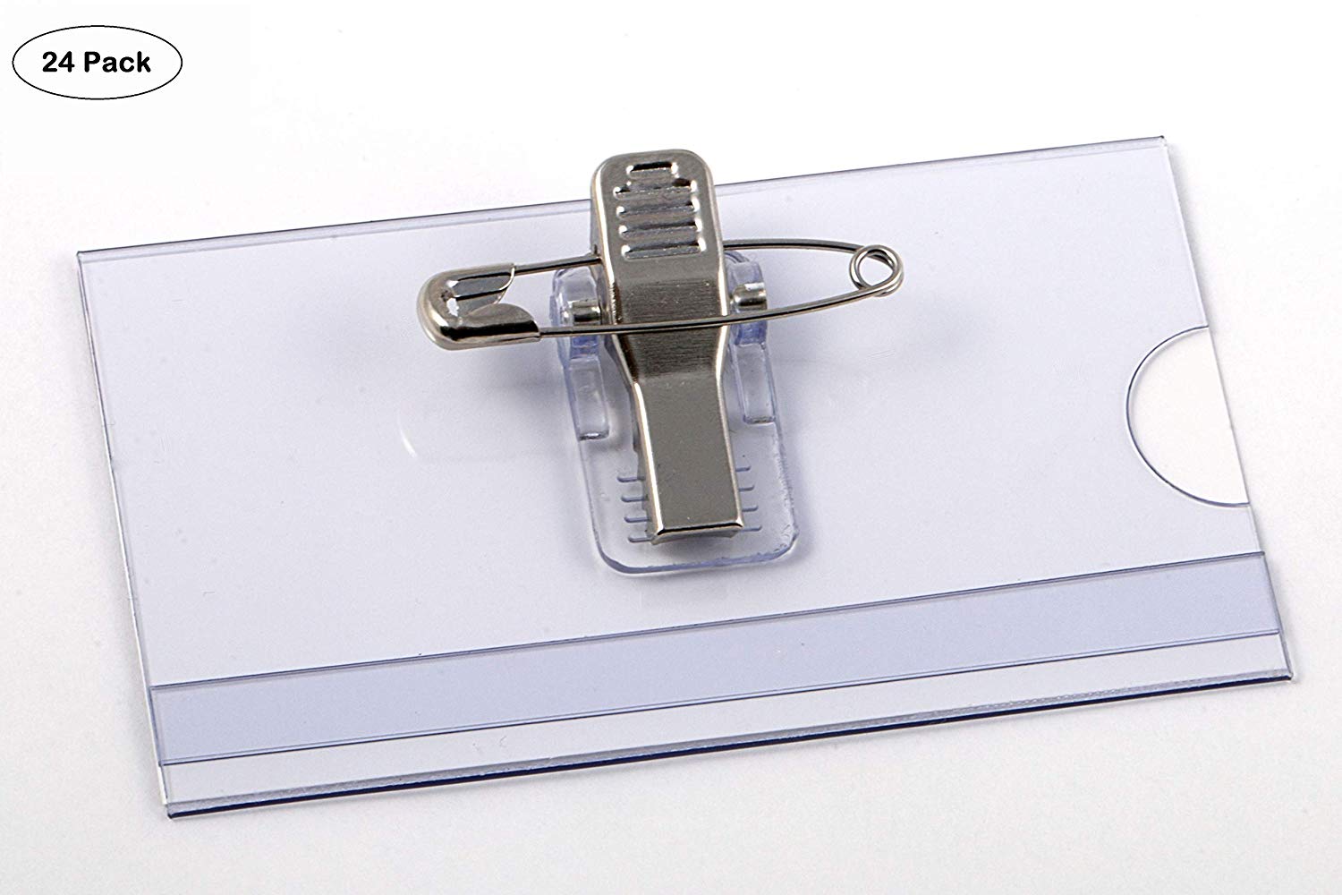 EUROPEL Name Badge Holders with Crocodile Clip, Safety Pin & Blank Card Insert Sheets (Pack of 24), Clear, 75 x 40 mm