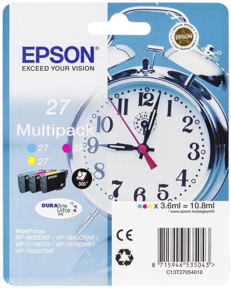 EPSON T270540 3 PACK Alarm Clocks Ink Cartridge for WF-3620DWF Series, Yellow/Magenta/Cyan, Cyan/Magenta/Yellow, Standard