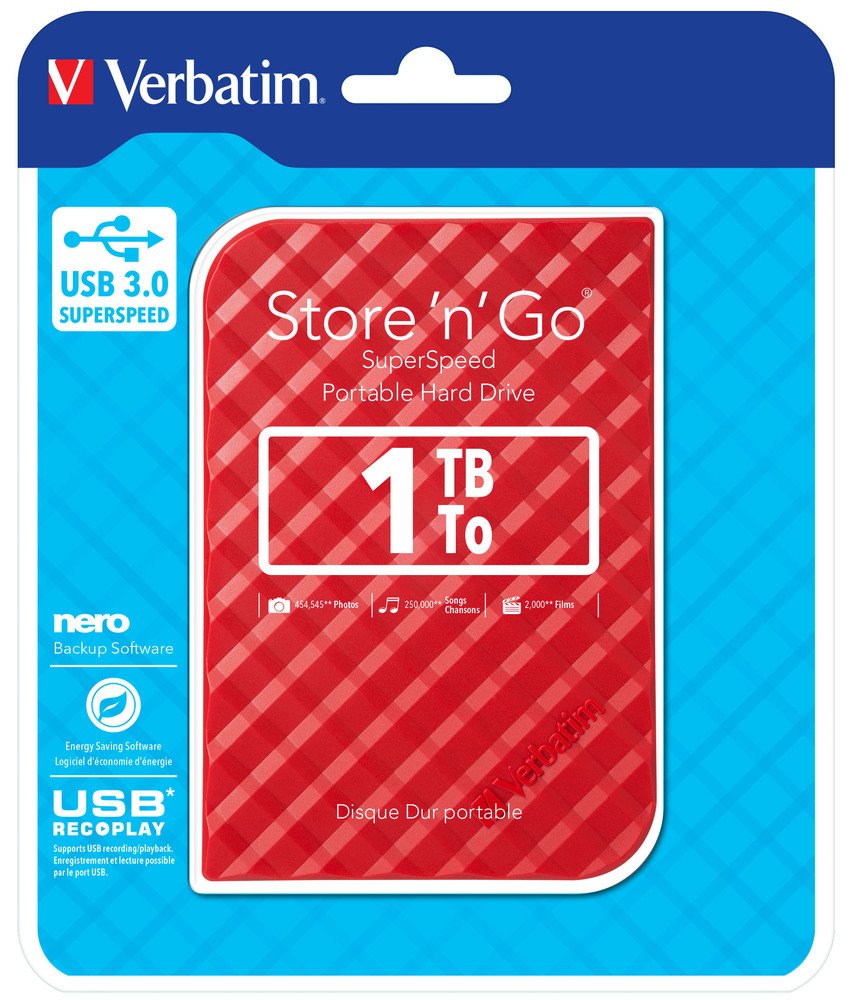 Verbatim HDD 2.5 "1TB USB 3.0 SuperSpeed Red, GEN2, Green Button, Store 'n' Go External Hard Drive, 1024 GB